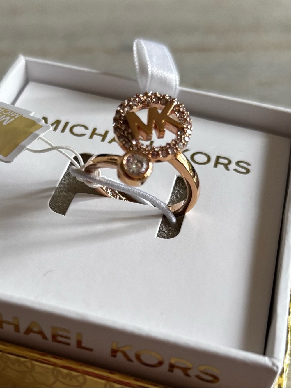 Michael Kors Rose Gold MK Logo Pave Crystal Ring - Picture 2 of 3